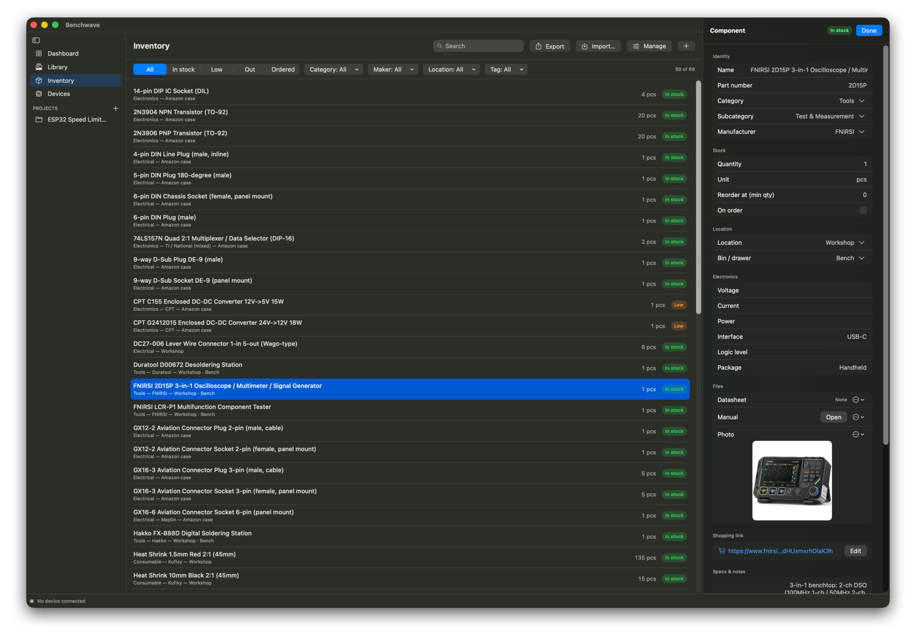 Benchwave Inventory list with a component detail panel.